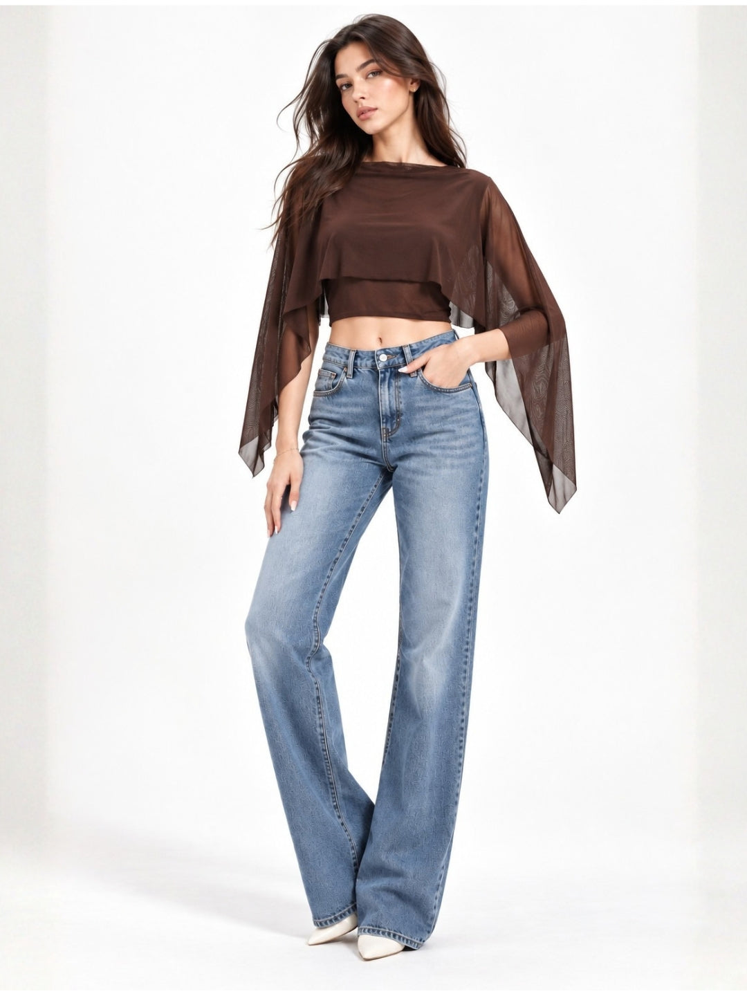 Clobug Women Boat Neck Sheer Cape Sleeve Crop Top