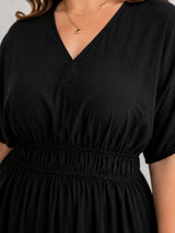 Women's Curve Solid Black V-Neck Midi Dress