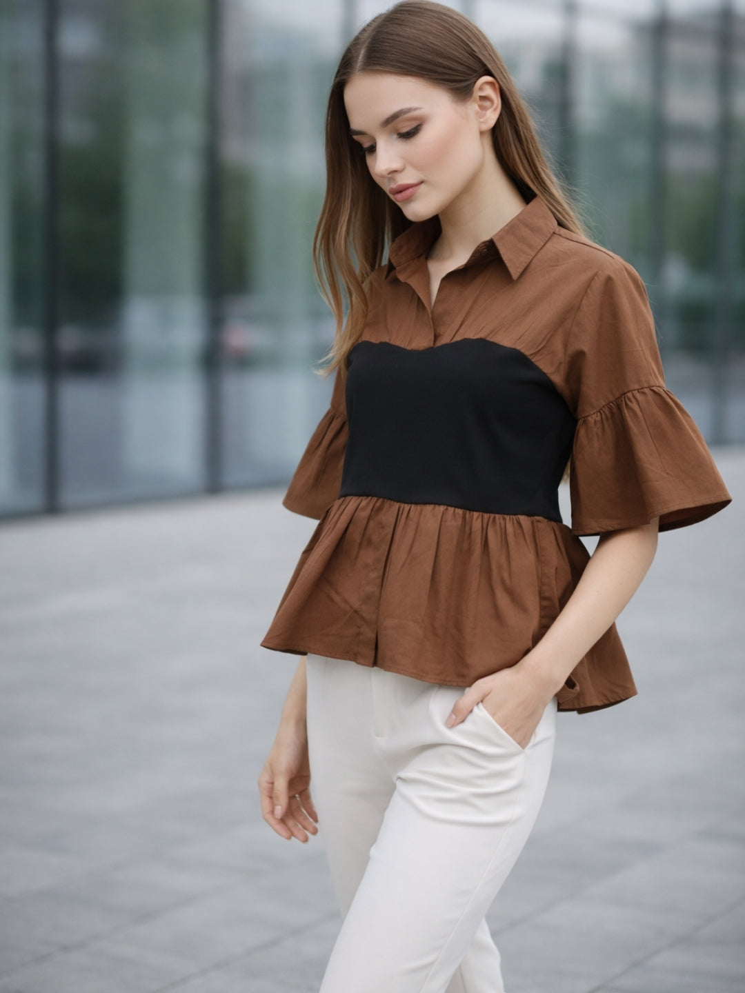 Clobug Women Contrast Panel Peplum Top