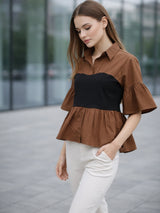 Clobug Women Contrast Panel Peplum Top