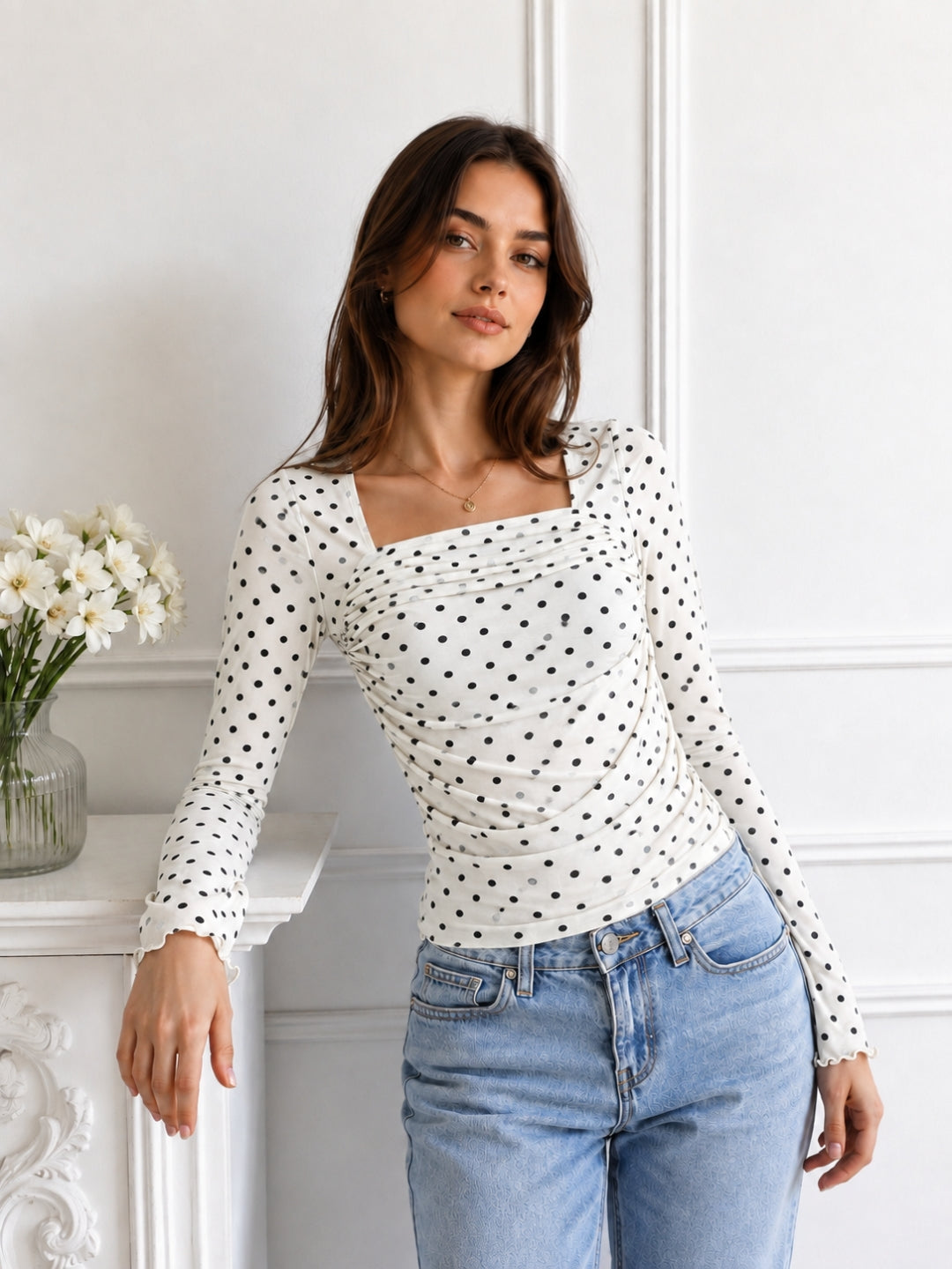 Clobug Women Square Neck Polka Print Top