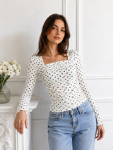 Clobug Women Square Neck Polka Print Top