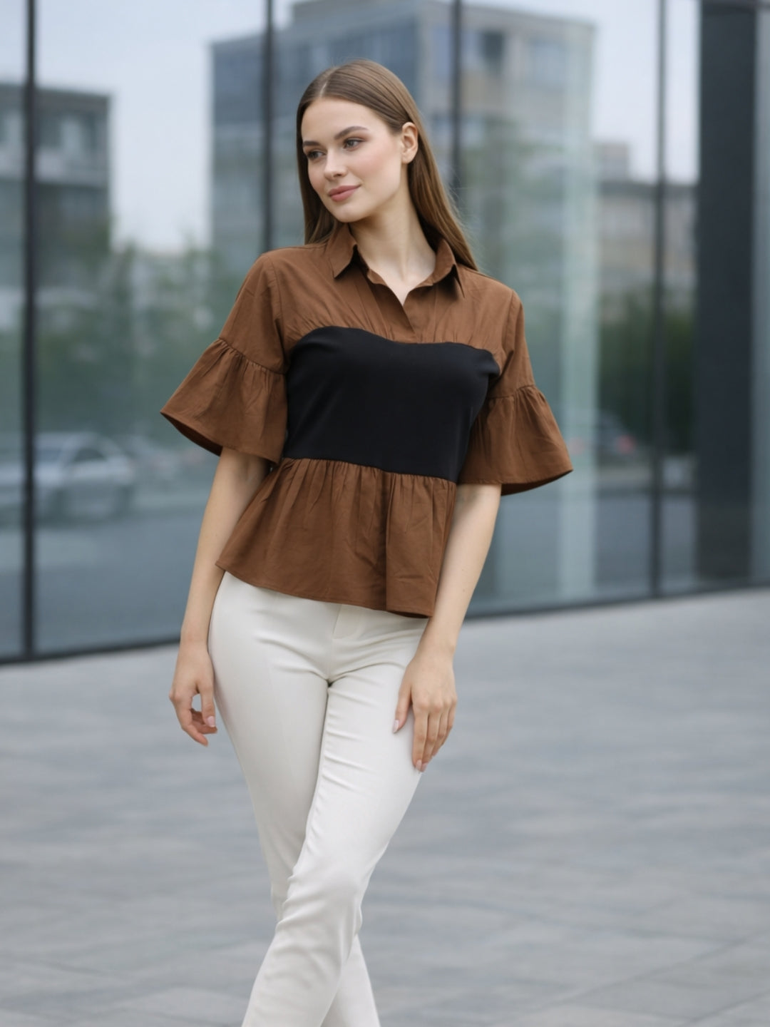 Clobug Women Contrast Panel Peplum Top