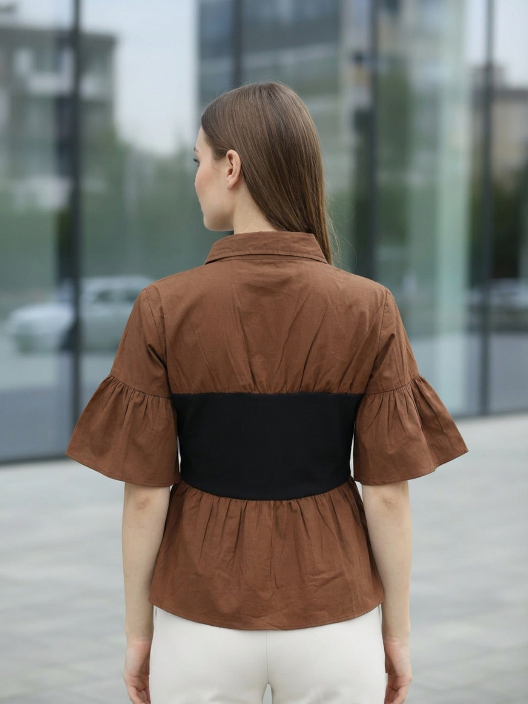 Clobug Women Contrast Panel Peplum Top