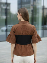 Clobug Women Contrast Panel Peplum Top