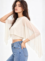 Clobug Women Boat Neck Sheer Cape Sleeve Crop Top