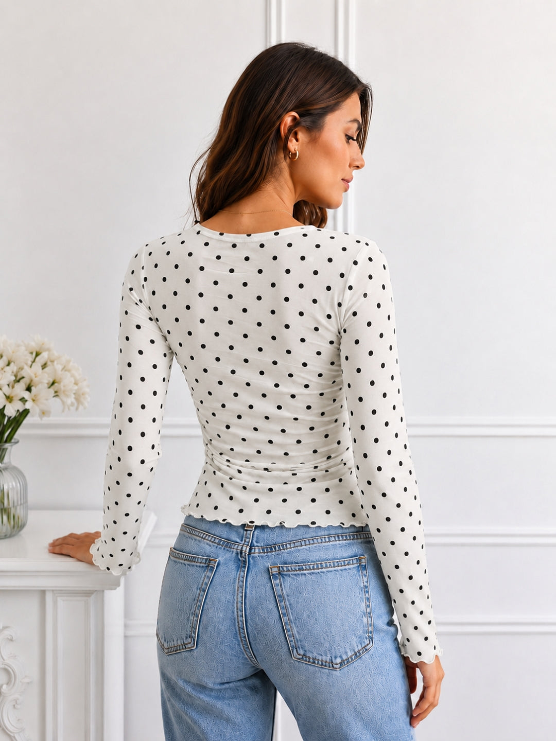 Clobug Women Square Neck Polka Print Top