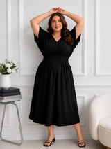 Women's Curve Solid Black V-Neck Midi Dress