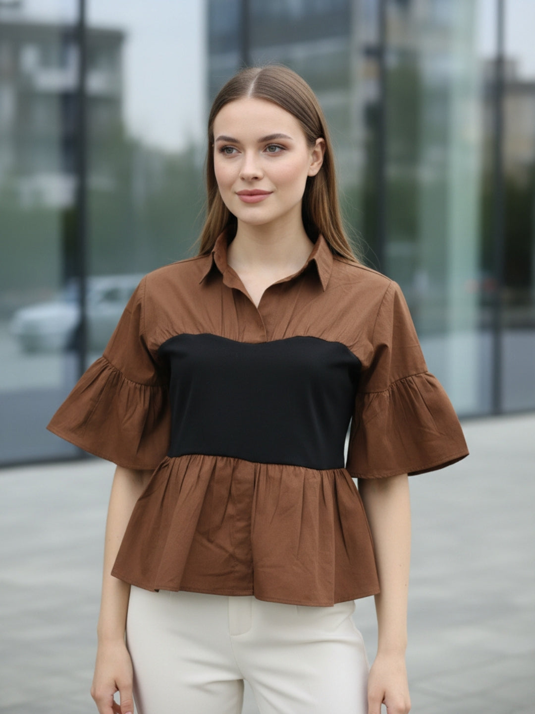 Clobug Women Contrast Panel Peplum Top