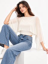 Clobug Women Boat Neck Sheer Cape Sleeve Crop Top