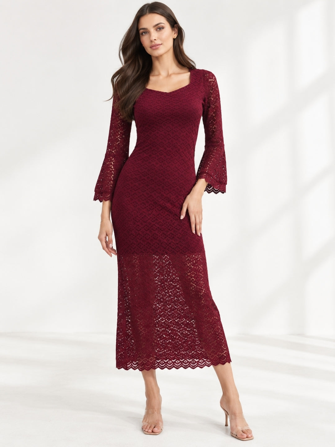 Clobug Elegant Lace Midi Dress – Long Sleeve Party & Evening Wear