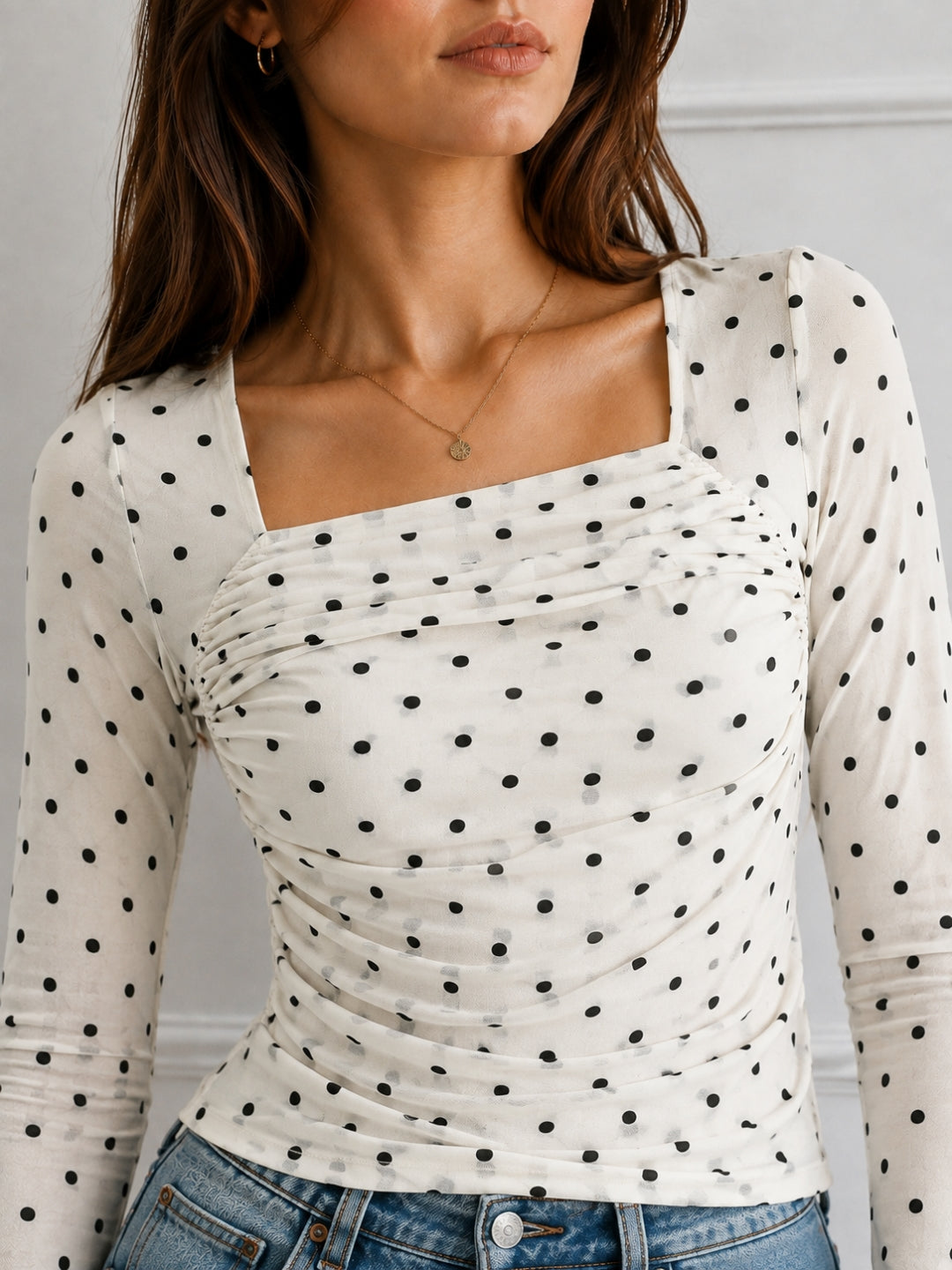 Clobug Women Square Neck Polka Print Top