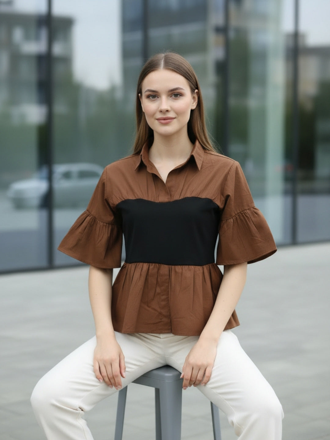 Clobug Women Contrast Panel Peplum Top