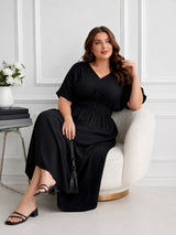 Women's Curve Solid Black V-Neck Midi Dress