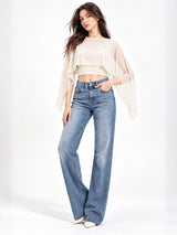 Clobug Women Boat Neck Sheer Cape Sleeve Crop Top