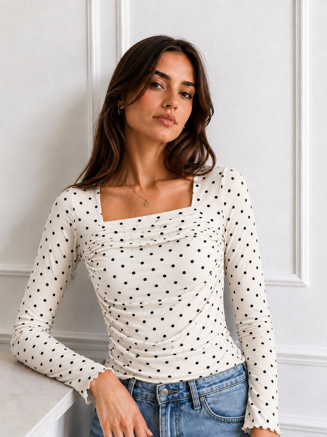 Clobug Women Square Neck Polka Print Top