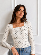 Clobug Women Square Neck Polka Print Top