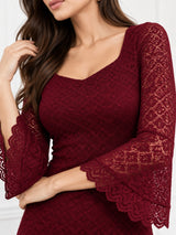 Clobug Elegant Lace Midi Dress – Long Sleeve Party & Evening Wear