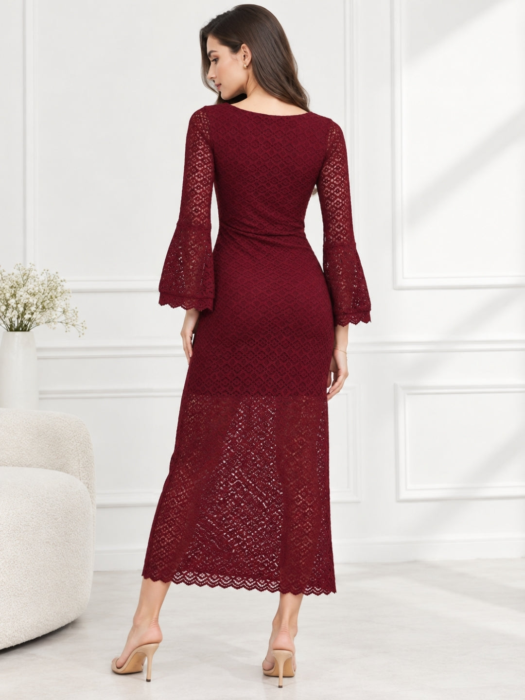 Clobug Elegant Lace Midi Dress – Long Sleeve Party & Evening Wear