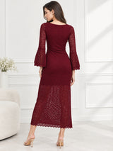 Clobug Elegant Lace Midi Dress – Long Sleeve Party & Evening Wear