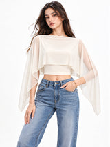 Clobug Women Boat Neck Sheer Cape Sleeve Crop Top