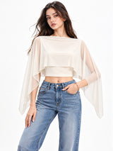 Clobug Women Boat Neck Sheer Cape Sleeve Crop Top