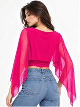 Clobug Women Boat Neck Sheer Cape Sleeve Crop Top