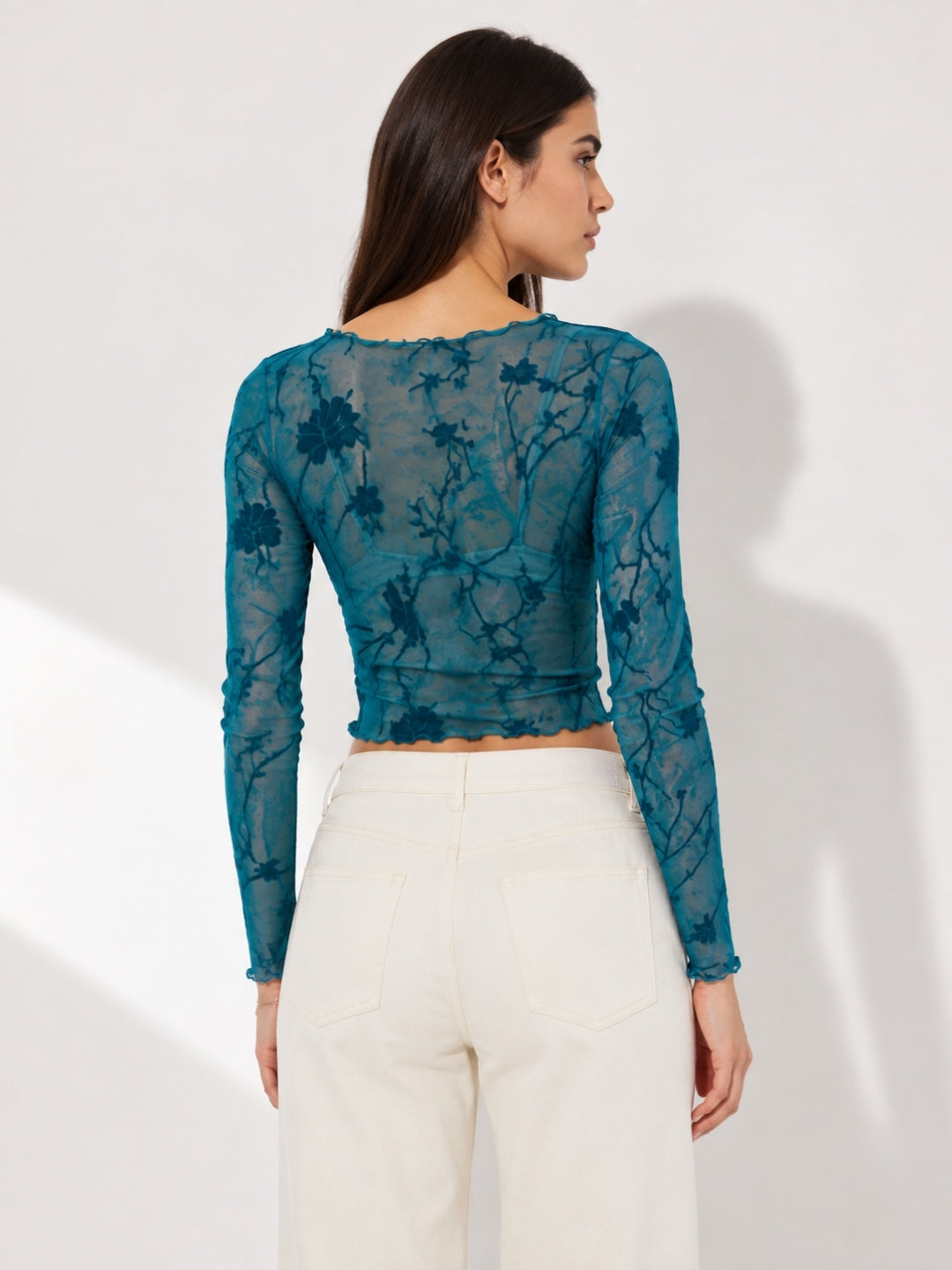 Clobug Women Round Neck Print Sheer Top