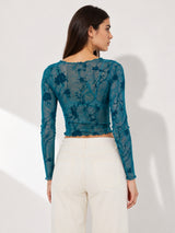 Clobug Women Round Neck Print Sheer Top