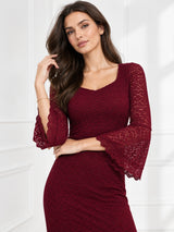 Clobug Elegant Lace Midi Dress – Long Sleeve Party & Evening Wear
