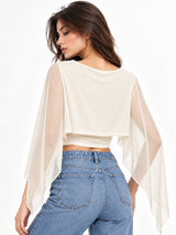 Clobug Women Boat Neck Sheer Cape Sleeve Crop Top