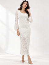 Clobug Elegant Lace Midi Dress – Flare Sleeve Classic Fit
