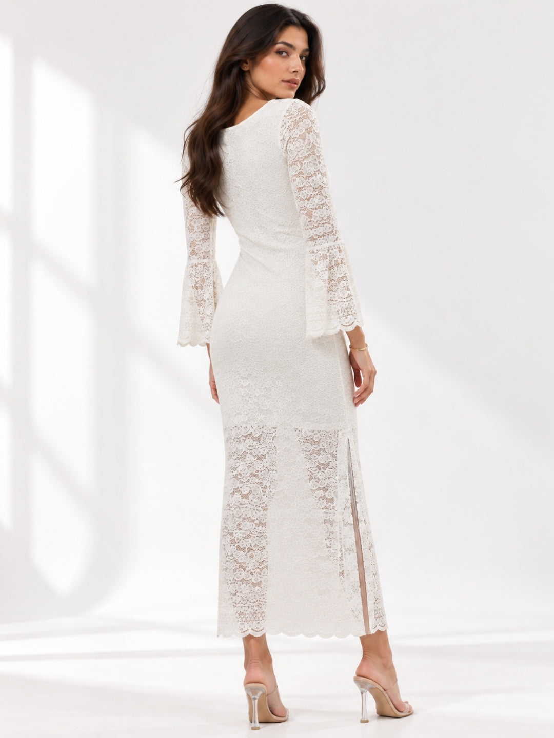Clobug Elegant Lace Midi Dress – Flare Sleeve Classic Fit