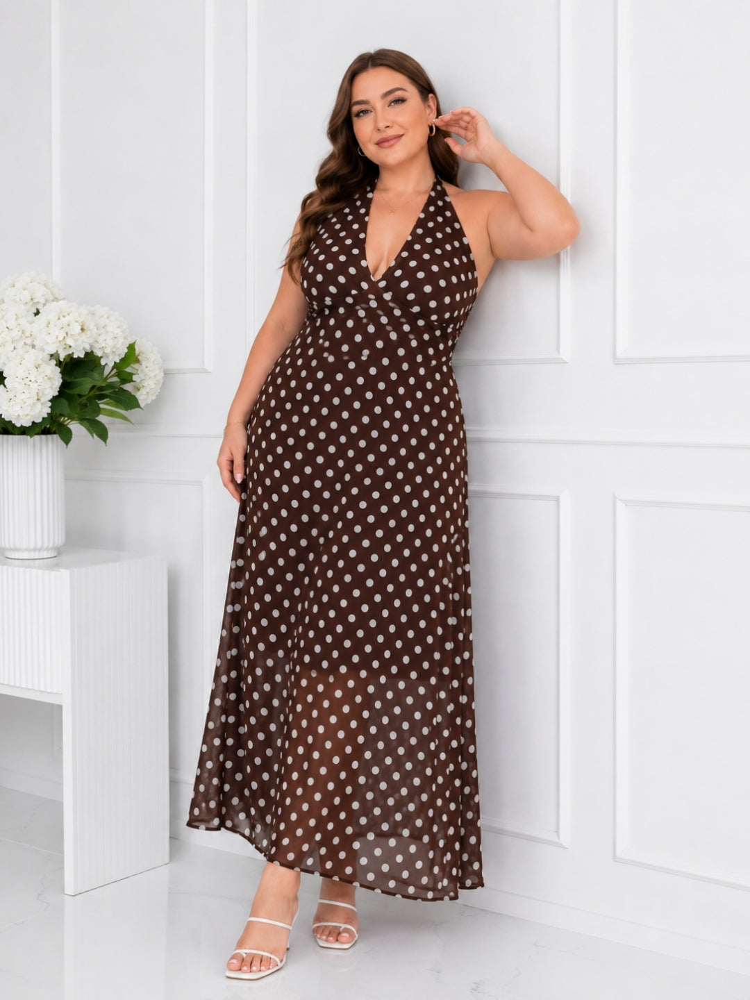 Women's Plus Size Brown Polka Dot Halter Neck Maxi Dress