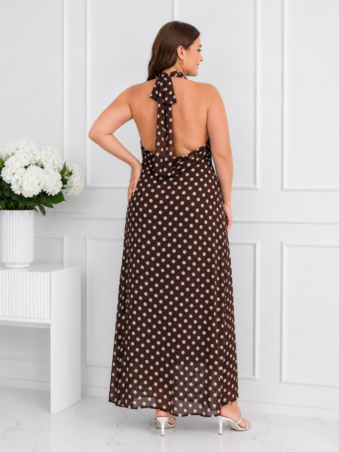 Women's Plus Size Brown Polka Dot Halter Neck Maxi Dress