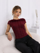 Women Maroon Striped Mesh Top