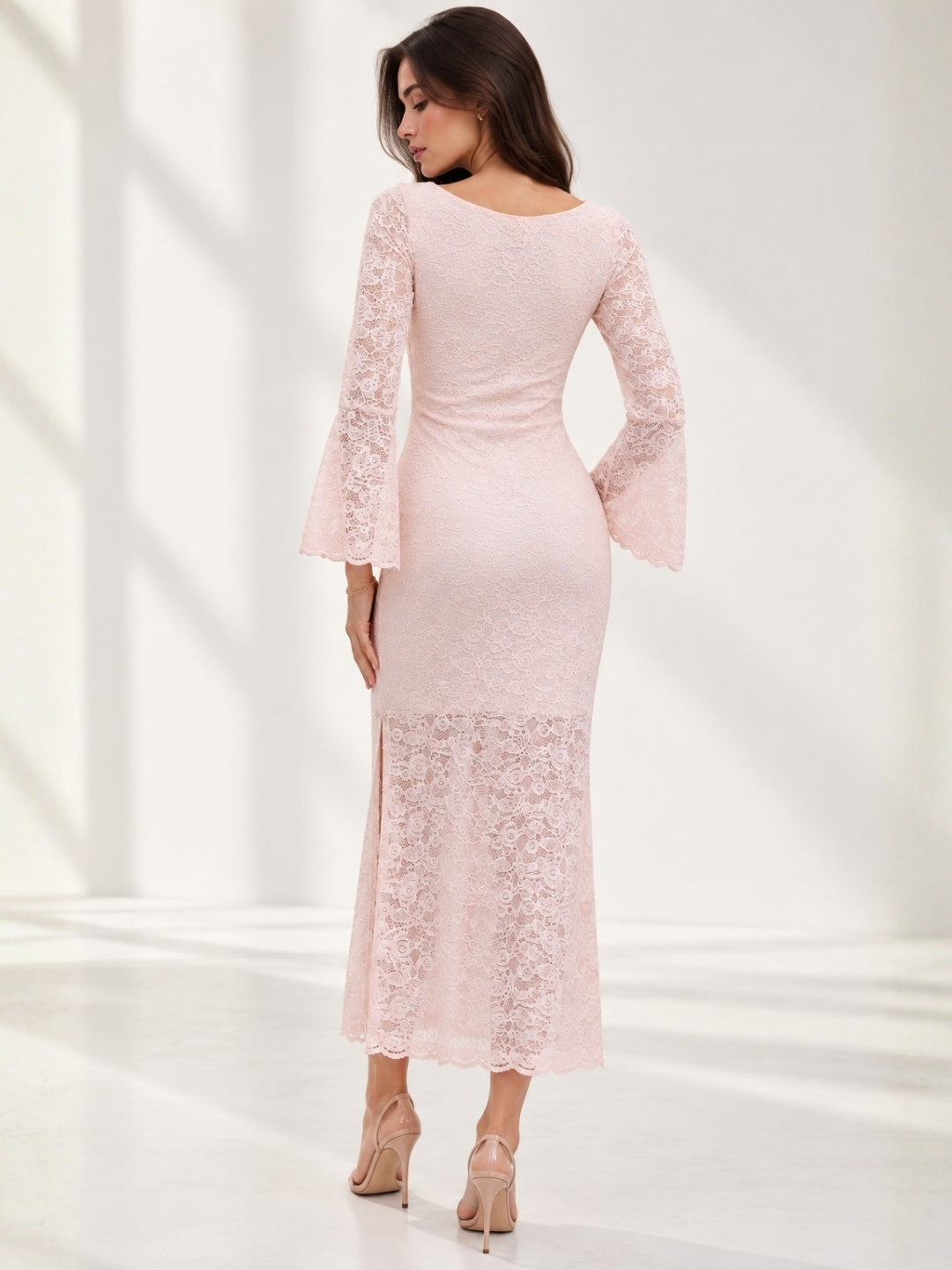 Clobug Elegant Lace Midi Dress – Flare Sleeve Classic Fit