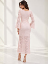 Clobug Elegant Lace Midi Dress – Flare Sleeve Classic Fit
