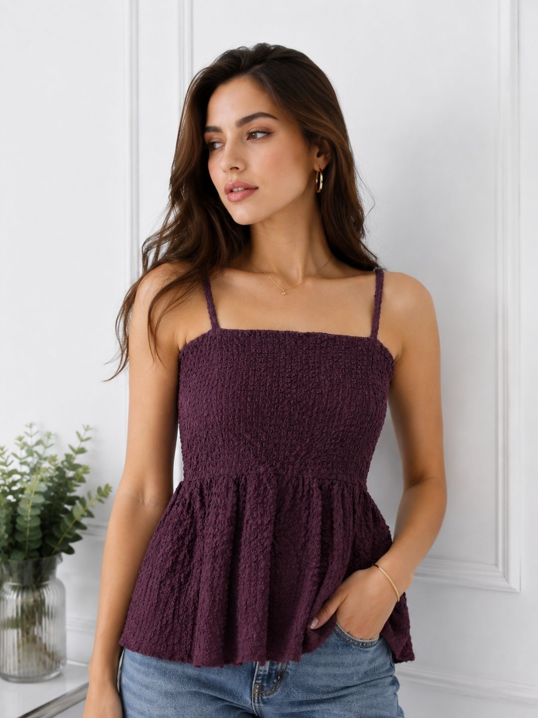 Purple Smocked Peplum Cami Top