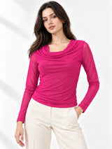 Clobug Women Solid Net Full Sleeve Cowl Neck Crop Top
