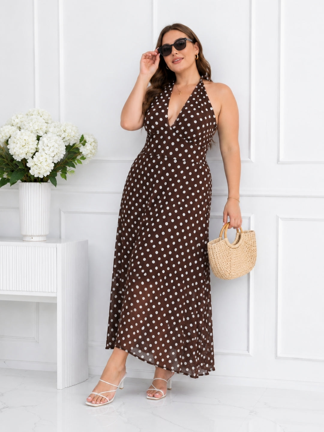 Women's Plus Size Brown Polka Dot Halter Neck Maxi Dress