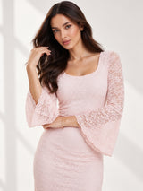 Clobug Elegant Lace Midi Dress – Flare Sleeve Classic Fit