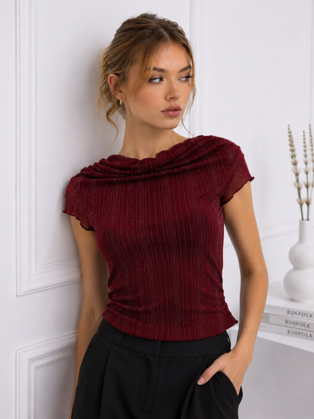 Women Maroon Striped Mesh Top