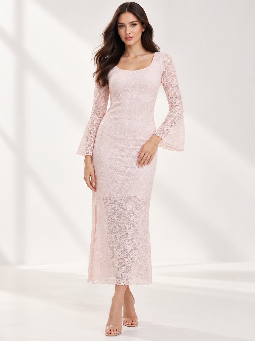 Clobug Elegant Lace Midi Dress – Flare Sleeve Classic Fit