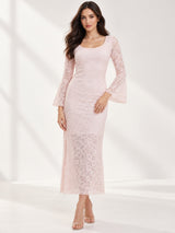 Clobug Elegant Lace Midi Dress – Flare Sleeve Classic Fit