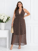 Women's Plus Size Brown Polka Dot Halter Neck Maxi Dress