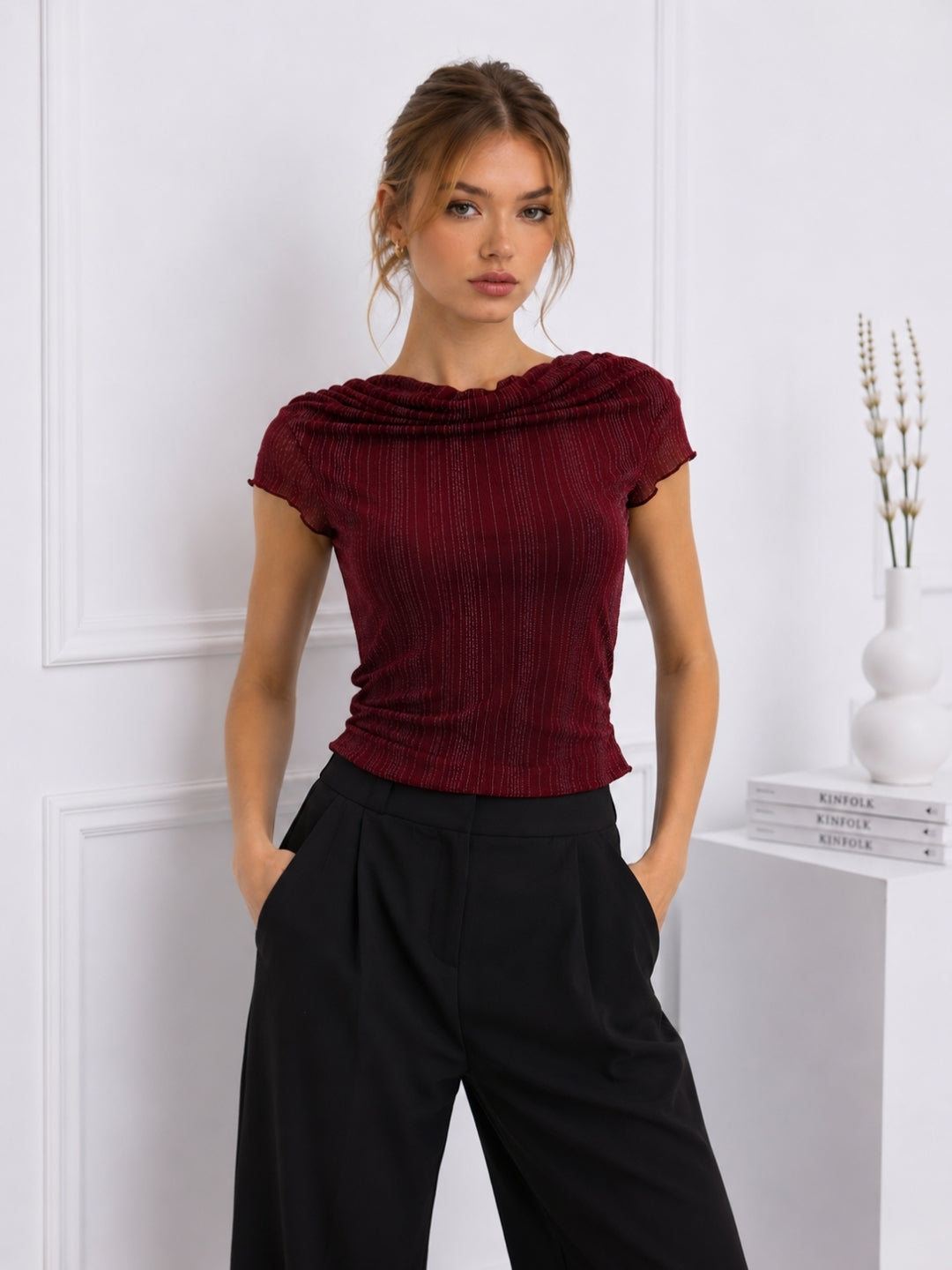 Women Maroon Striped Mesh Top