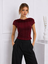 Women Maroon Striped Mesh Top