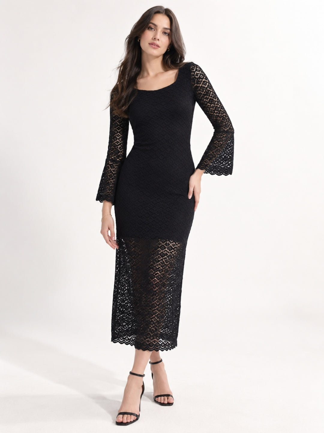 Clobug Elegant Lace Midi Dress – Long Sleeve Party & Evening Wear