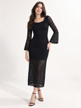 Clobug Elegant Lace Midi Dress – Long Sleeve Party & Evening Wear